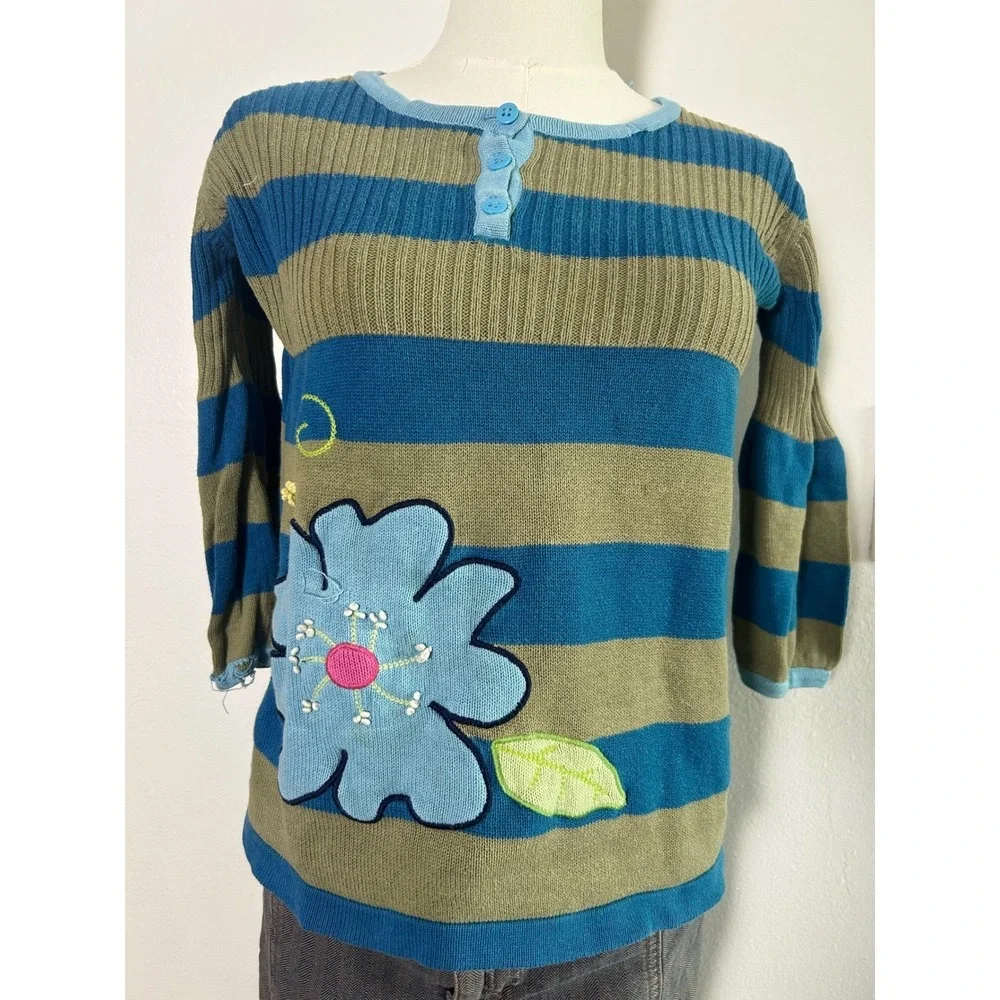 Kids Blue Khaki Striped Flower Applique Sweater Top Long Sleeve Henley‎